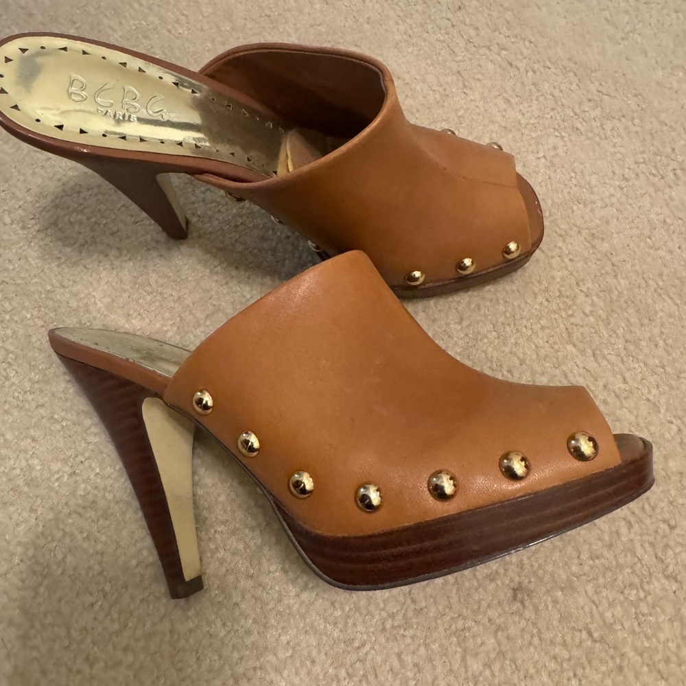 BCBG Brown Mules with Gold Studs